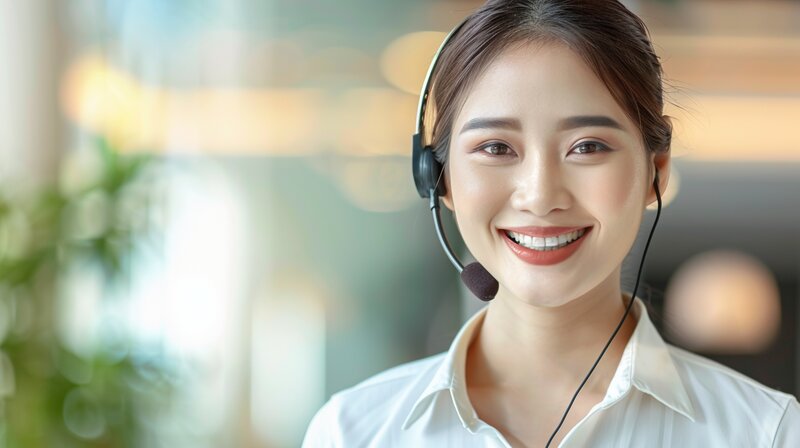 Customer service team với headset, live chat, nhiều kênh liên hệ